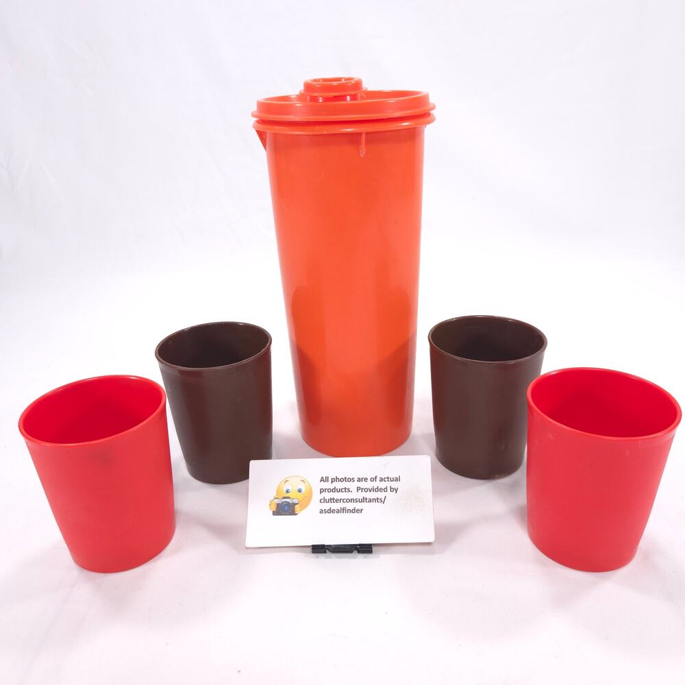 Tupperware Bundle #262 1 qt Pour top Handlier #1251 6oz Tumblers Orange Brown